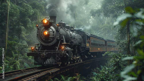 A classic steam locomotive chugging through a dense forest, a journey back in time. 