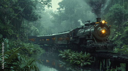 A classic steam locomotive chugging through a dense forest, a journey back in time. 