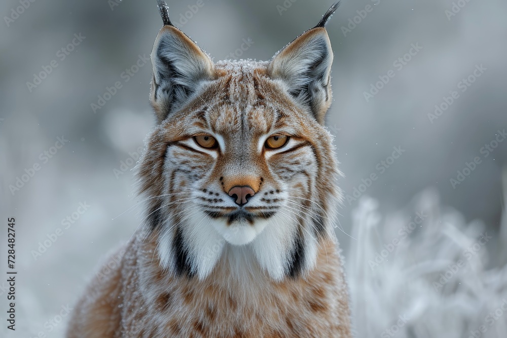 Fototapeta premium A majestic lynx, its sleek fur covered in a dusting of snow, gazes confidently into the wintry wilderness, embodying the untamed spirit of the wildcat