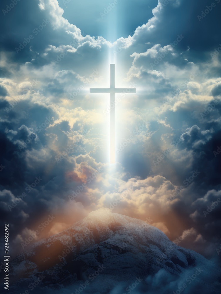 Cross in the clouds radiates the light of faith and hope