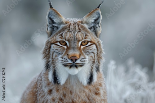A majestic lynx, its sleek fur covered in a dusting of snow, gazes confidently into the wintry wilderness, embodying the untamed spirit of the wildcat