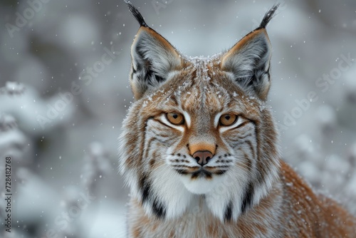 A fierce lynx prowls through the winter wonderland, its whiskers glistening with snow, embodying the untamed beauty of the wildcat © Pinklife