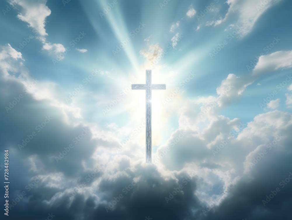 Cross in the clouds radiates the light of faith and hope