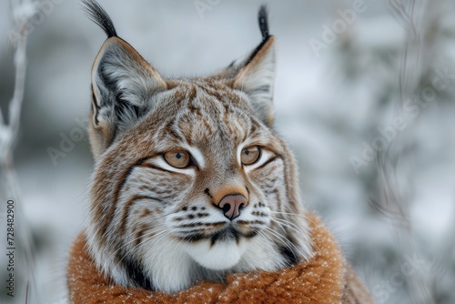 A majestic wildcat, with piercing eyes and snow-covered fur, gazes into the wintry landscape, its fierce whiskers framing its powerful bobcat features