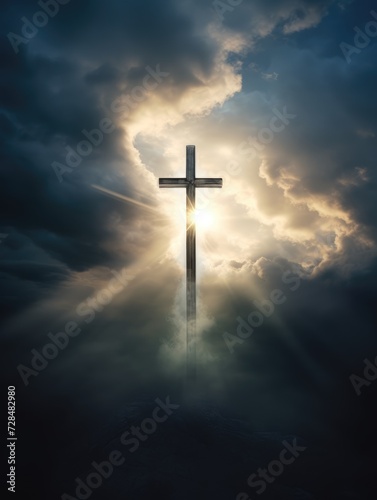 Cross in the clouds radiates the light of faith and hope