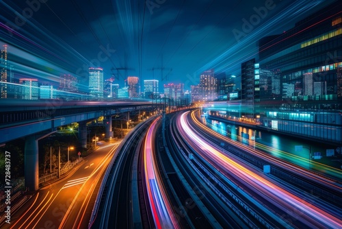 Amidst the towering skyscrapers and bustling cityscape, the illuminated roads guide the way through the urban metropolis, painting a vibrant picture of a modern, dynamic infrastructure in the night