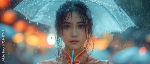 Young asion woman in vibrant cheongsam carries umbrella, her beauty undiminished by gentle rain. delicate fusion of tradition and modernity as lady in traditional dress enjoys rain-soaked festivity photo