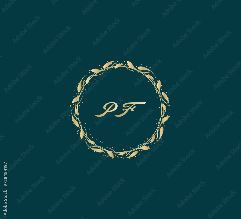 Handwritten golden PF getters logo with a minimalist design. letter PF logo manual elegant minimalist signature logotype. PF letter consist of intertwined elements into circle. Handwritten golden PF getters logo with a minimalist design. letter PF logo manual elegant minimalist signature logotype. PF letter consist of intertwined elements into circle.
