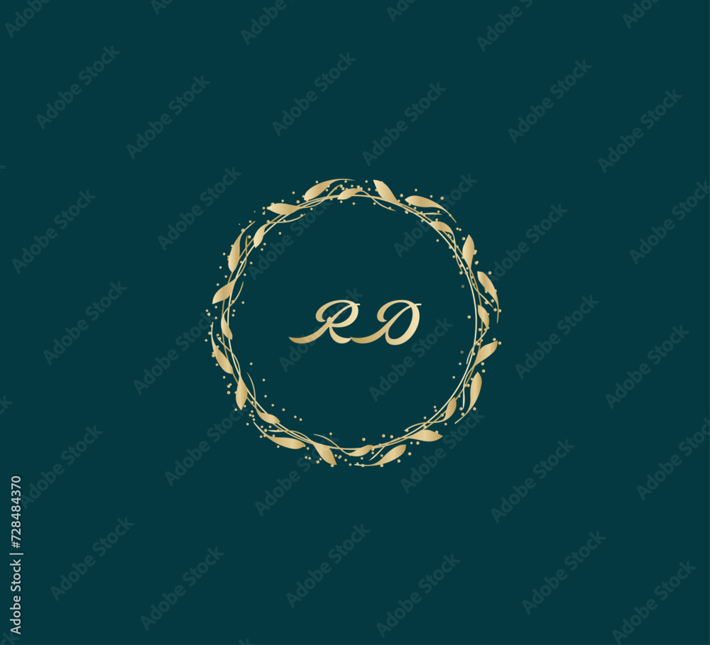 Handwritten golden RD getters logo with a minimalist design. letter RD logo manual elegant minimalist signature logotype. RD letter consist of intertwined elements into circle. Handwritten golden RD getters logo with a minimalist design. letter RD logo manual elegant minimalist signature logotype. RD letter consist of intertwined elements into circle.