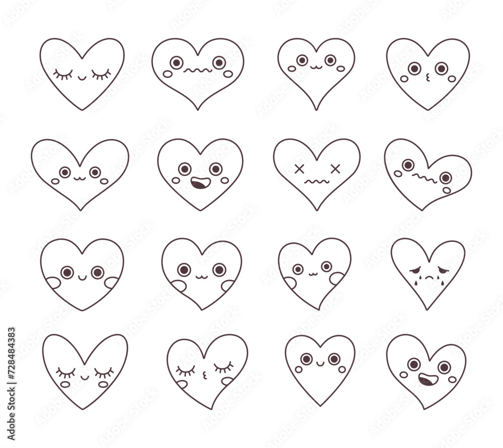 Trendy cartoon heart characters. Outline hearts, coloring book. Valentines day. Vector illustration