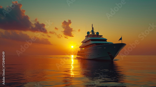 A luxury yacht cruising the serene waters at dawn, reflecting sophistication and freedom.  © IBRAHEEM'S AI