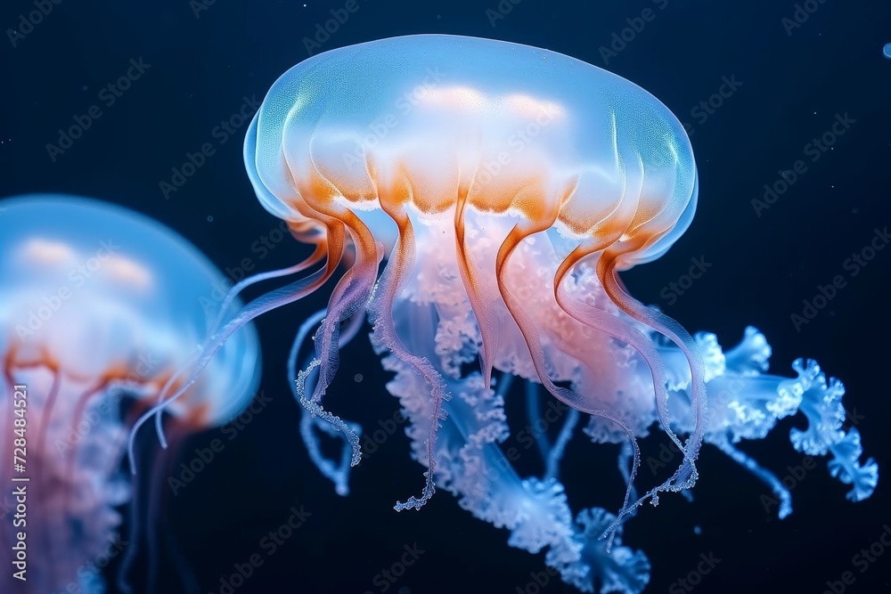 An ethereal display of bioluminescent jellyfish gracefully glide through the dark depths of the aquarium, showcasing the delicate beauty of these marine invertebrates An ethereal display of bioluminescent jellyfish gracefully glide through the dark depths of the aquarium, showcasing the delicate beauty of these marine invertebrates