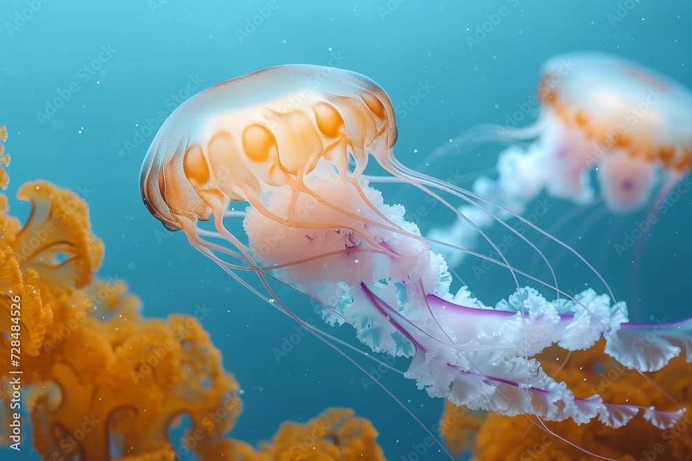 Fototapeta premium A bioluminescent cnidarian gracefully glides through the depths of the ocean, its translucent body illuminating the surrounding water as it feeds on tiny zooplankton