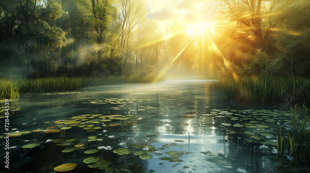 Beautiful sunrise over the lake in the forest. Nature composition.