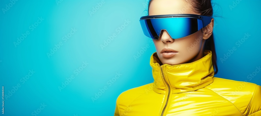 Creative woman wearing high tech gear on vibrant background with ample text space Creative woman wearing high tech gear on vibrant background with ample text space