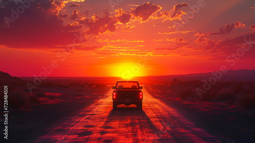 A pickup truck on a deserted road  framed by the breathtaking beauty of a desert sunset. 