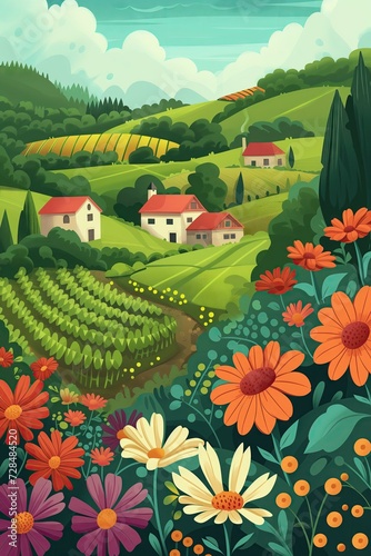 Landscape, drawing illustration of flowers, plants, fields, farms in flat design. © steevy84