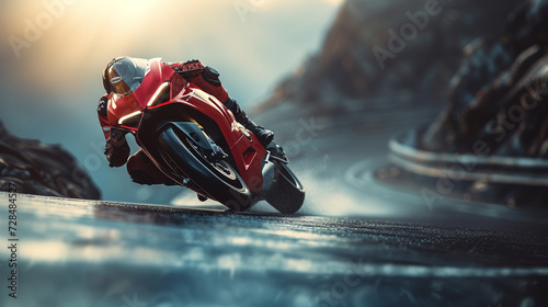 A racing bike leaning into a sharp corner on a mountain pass, a moment of pure adrenaline and precision. 