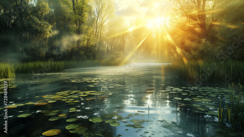 Beautiful sunrise over the lake in the forest. Nature composition.