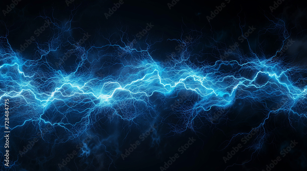 Blue electric lightning on black background, abstract energy and electricity concept. - obrazy, fototapety, plakaty 