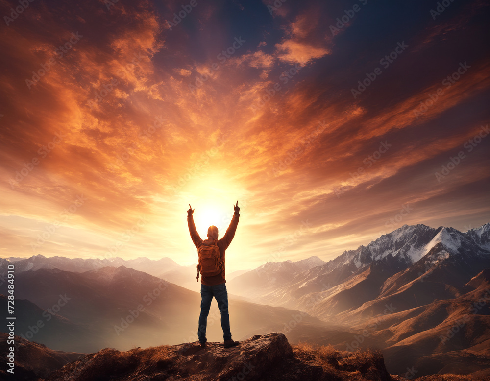 Silhouette of a person on a mountain top. Arms raised in exhilaration and success. Golden hour with the sun near the horizon. Concepts of outdoors, achievement and success.