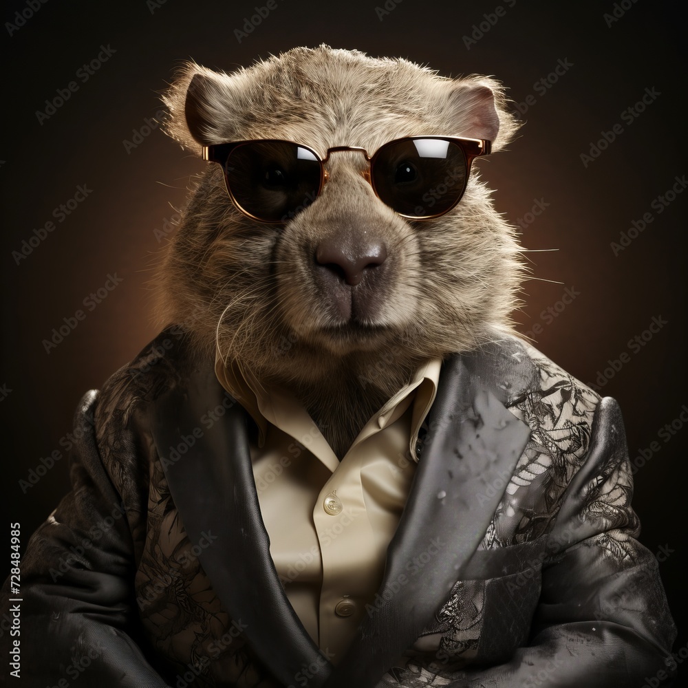 Portrait of the wombat posing proudly in a fashion style wearing fashionable jacket, wombat as a celebrity with an attitude