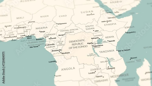 Democratic Republic of the Congo on the world map. Smooth map rotation. 4K animation.