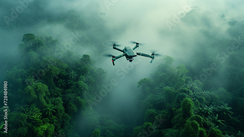 A sleek drone hovering above an ancient rainforest, capturing the vastness and mystery from the skies. 