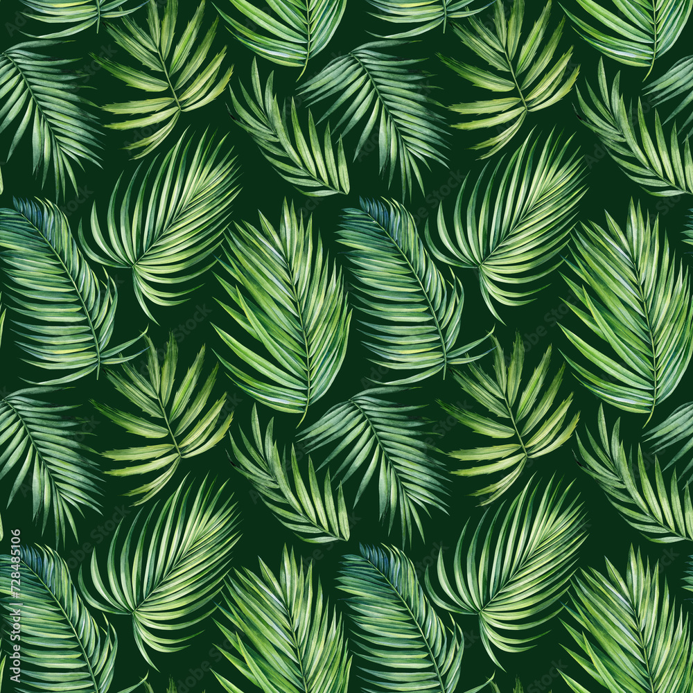 Seamless pattern Palm coconut leaves, watercolor painting. Jungle leaf, Tropical green plant for dark wallpaper, textile