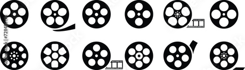Film reel icon set. Black movie reel icon in vintage style. Old retro reel with film strip flat vector collection isolated on transparent background. Photographic, Curved film strip PNG.