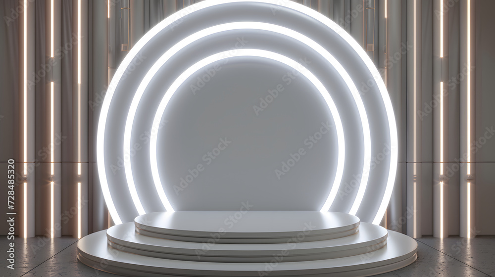 Fototapeta premium white podium with Integrated LED lighting around it, , a place to display products, a podium for advertising a product 