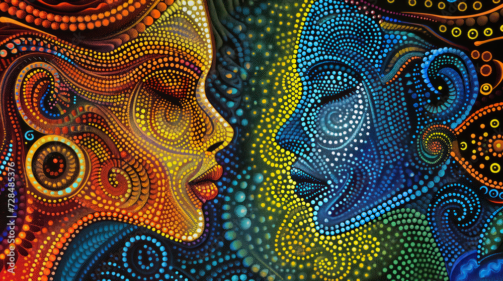 A vibrant, abstract painting of two faces merging amidst cosmic patterns.