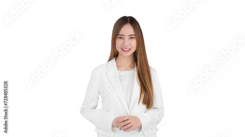Portrait Asian professional business woman is golden long hair wears white suite smiling and confidently her hands to present good symbol while isolated white background.