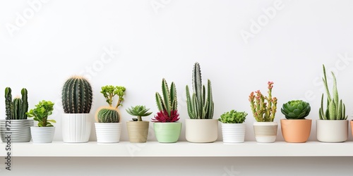 Assortment of cacti and succulents displayed in different pots on a white shelf.