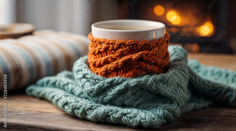Mug in a warm scarf on the background of the fireplace. AI