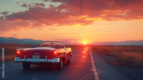 A vintage convertible cruising down Route 66 at sunset  capturing the essence of freedom and adventure. 