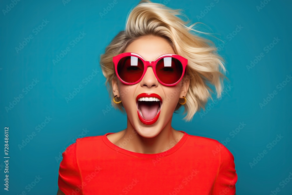 A vivacious woman in a red outfit and oversized red sunglasses, her expression full of surprise and delight, against a bright blue background that pops with energy A vivacious woman in a red outfit and oversized red sunglasses, her expression full of surprise and delight, against a bright blue background that pops with energy