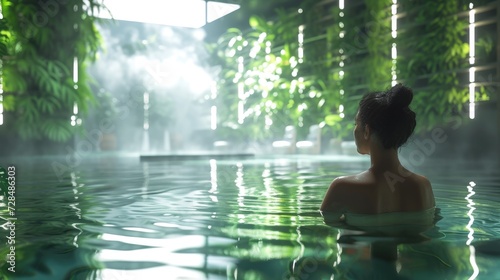 Young woman enjoys a natural thermal waters bath, Hydroponics vertical farm in building with high technology farming, agricultural greenhouse with hydroponic shelves saturation, eco living