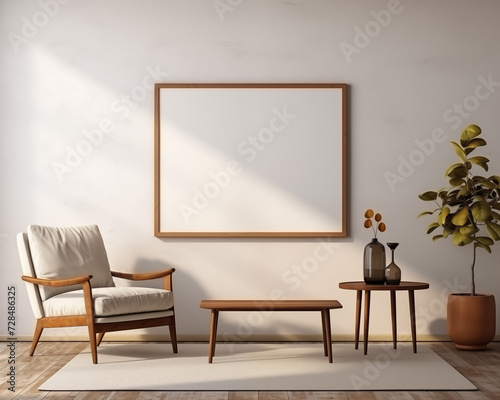 Mid Century Style Furniture Room Mockup, Empty Poster Frame Mockup, 3D Render Interior Mockup