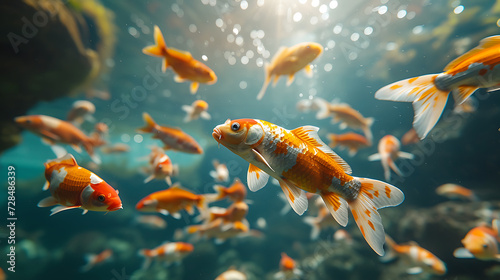 beautiful koi fishes in underwater with the sunlight penetration photo