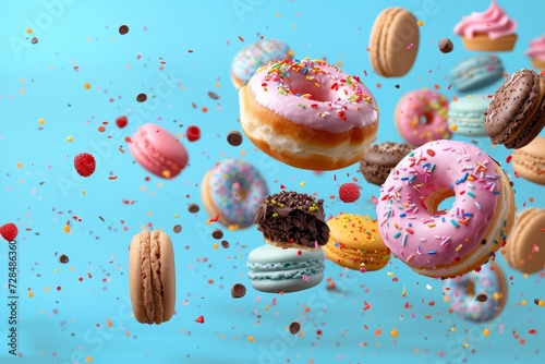 A delightful chaos of sugary treats fills the air as donuts and macaroons tumble gracefully, adorned with vibrant glazes, sprinkles, and nonpareils, showcasing the irresistible allure of freshly bake