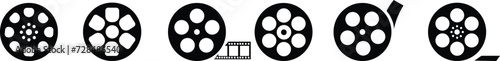 Film reel icon set. Black movie reel icon in vintage style. Old retro reel with film strip flat vector collection isolated on transparent background. Photographic, Curved film strip PNG. photo