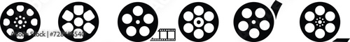 Film reel icon set. Black movie reel icon in vintage style. Old retro reel with film strip flat vector collection isolated on transparent background. Photographic, Curved film strip PNG.