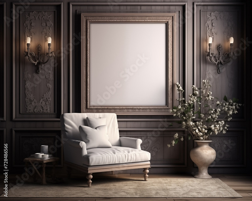 Tudor Style Furniture Room Mockup  Empty Poster Frame Mockup  3D Interior Render