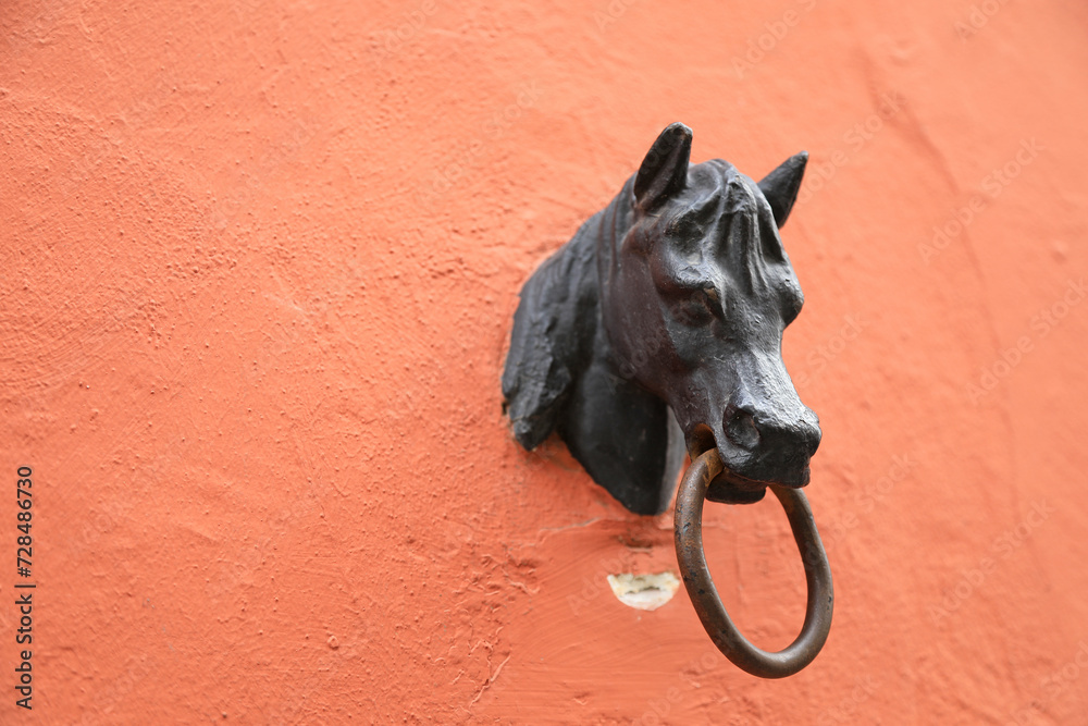 Fototapeta premium cabeza de caballo en hierro fundido con argolla para atar animales sobre la fachada de una casa color teja sevilla 4M0A5272-as24