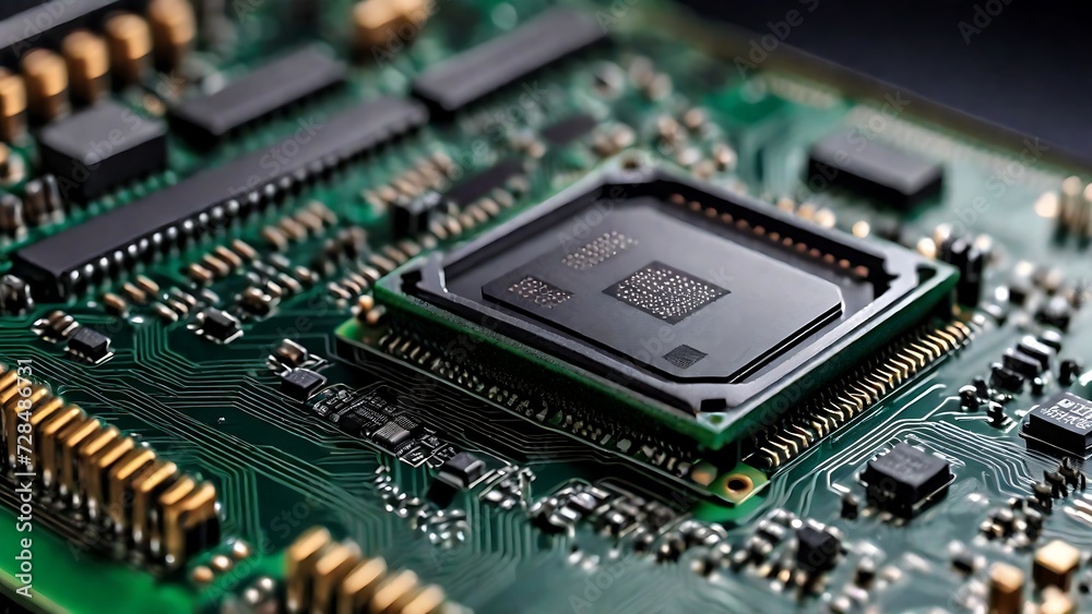 Modern microchip or circuit board manufacturing background close up view. Computer micro chip Macro Photography- Electronic Chip, Motherboard. cyberspace, big data, cyber, intelligence, binary concept