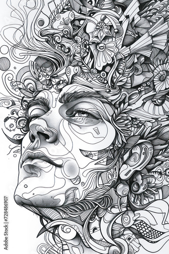 Black And White Intricate Line Art Of A Man's Face Entwined With Floral And Abstract Patterns