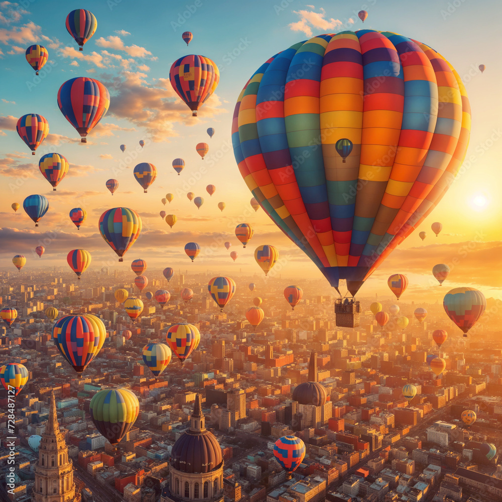 Hot air balloons of different colors flying over a city during sunrise.
