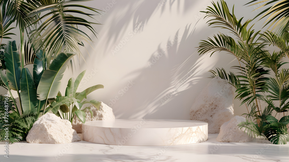 Fototapeta premium Podium minimal display fashion abstract luxury with plant, beauty shadow for banner mockup or showcase cosmetic wallpaper sale art.