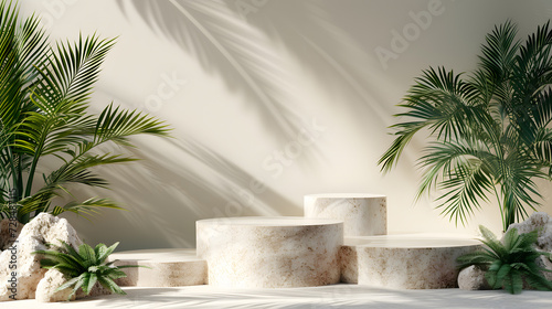 Podium minimal display fashion abstract luxury with plant, beauty shadow for banner mockup or showcase cosmetic wallpaper sale art.